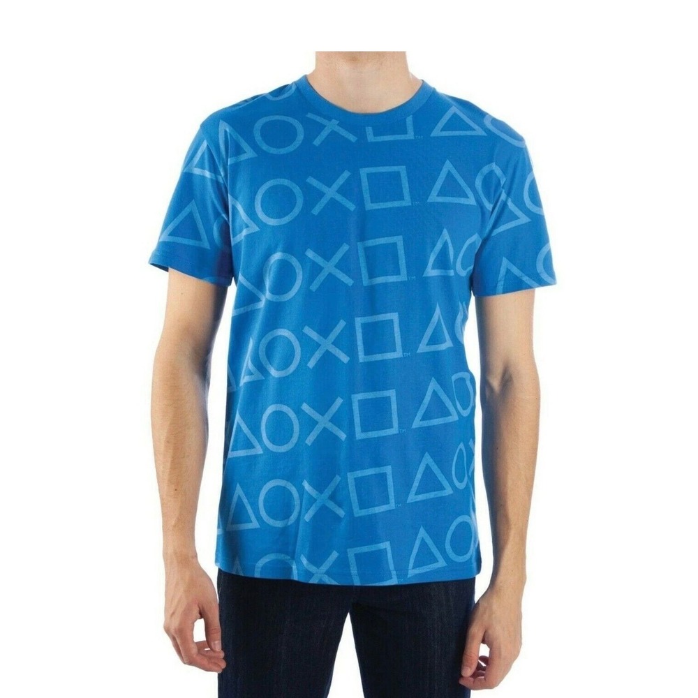 PlayStation Sony Mens Blue All Over Print Button Symbols Graphic T-Shirt Large